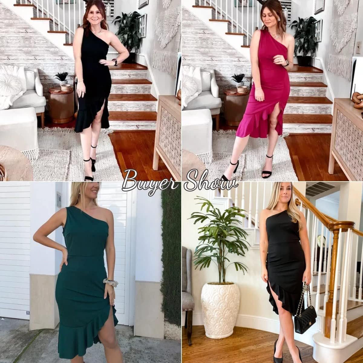 YOESEE Women One Shoulder Sleeveless Bodycon Dress Side Split Ruffle Hem Midi Formal Dress - Image 6